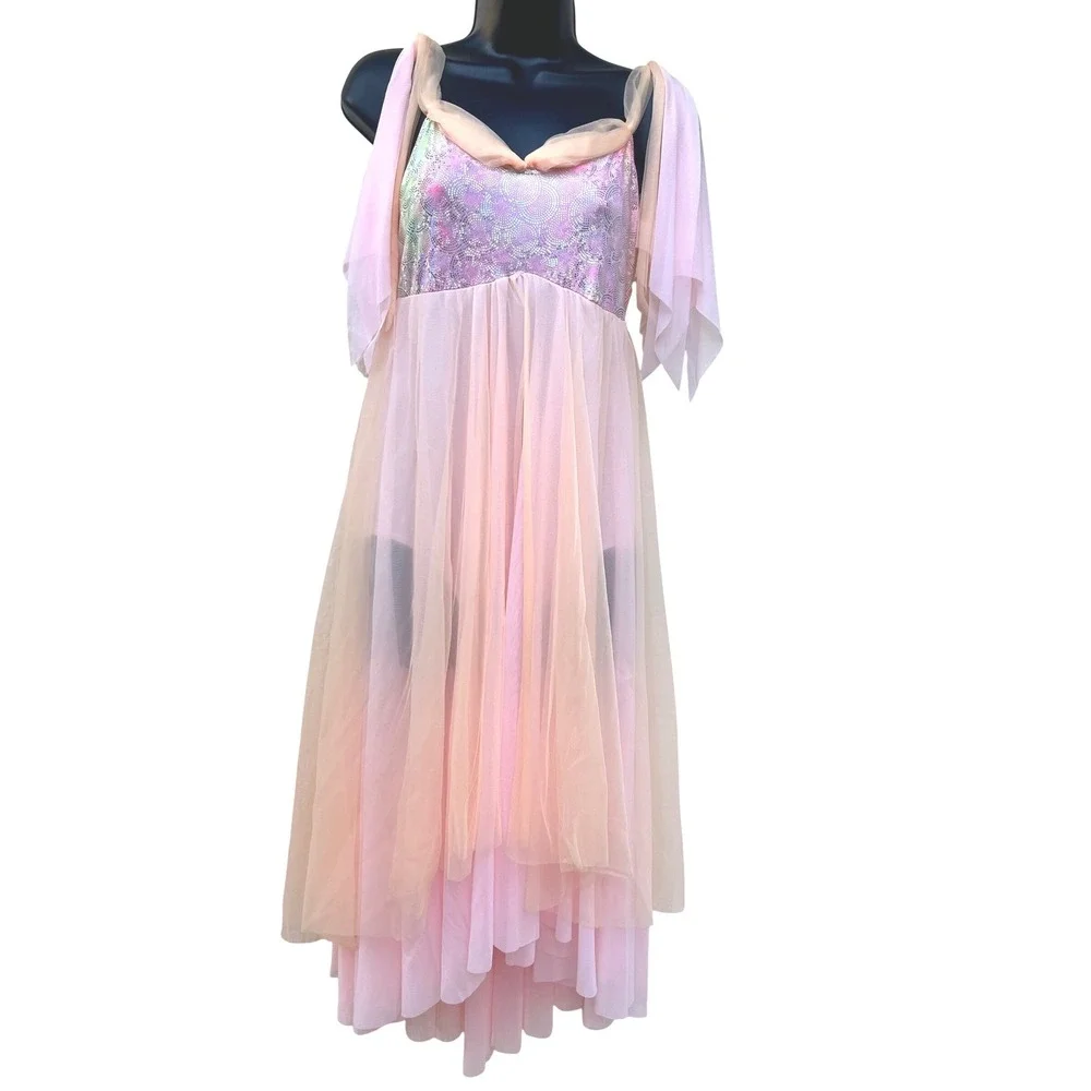 Holographic Sequin Lyrical Dance Costume Pink Peach Mesh Fairy Dress Leotard - Picture 1 of 7